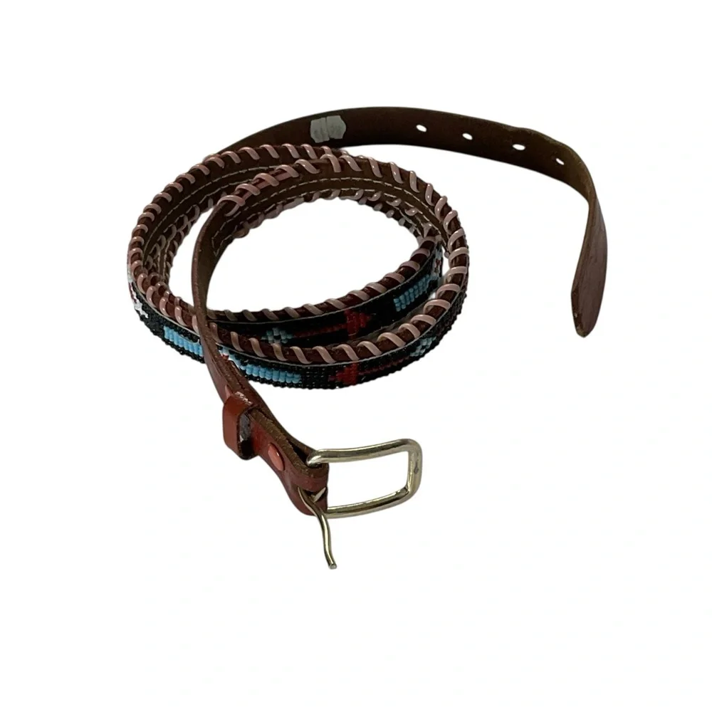 Vintage Brown Genuine Leather Handmade Tribal Design Seed Bead Embroidered Belt